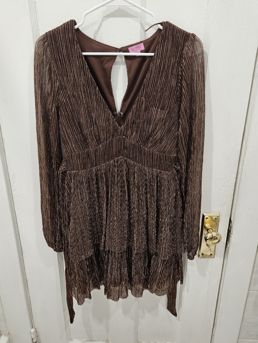 Brown Pleated V-Neck Metallic Dress